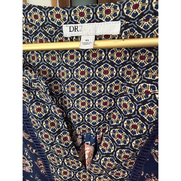 DR2 Navy Paisley V Neck Top Contrast Trim Cotton Relaxed Fit Women’s Size XL EUC - Picture 4 of 7